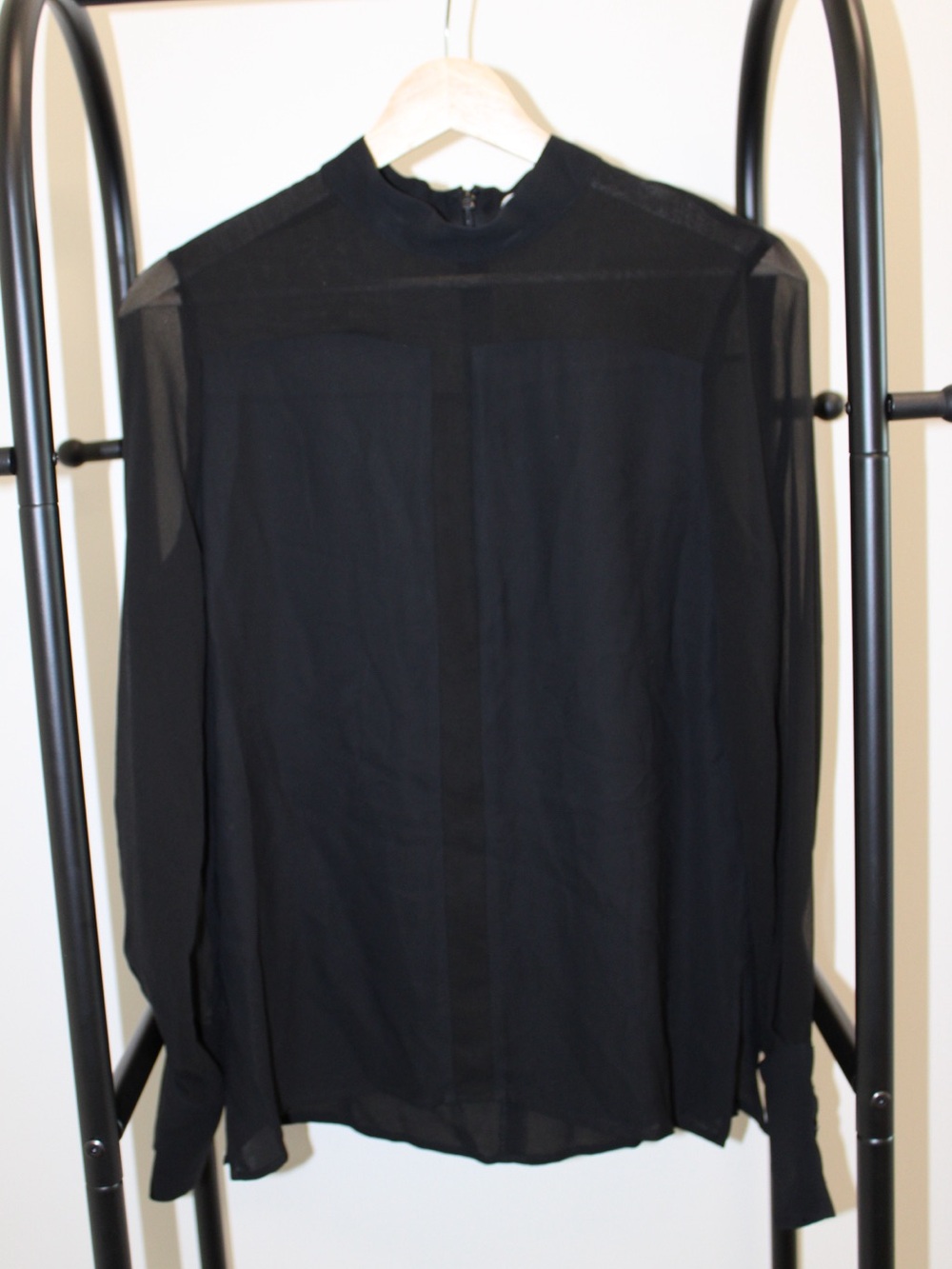 Reiss Black Sheer-Sleeve High-Neck Blouse